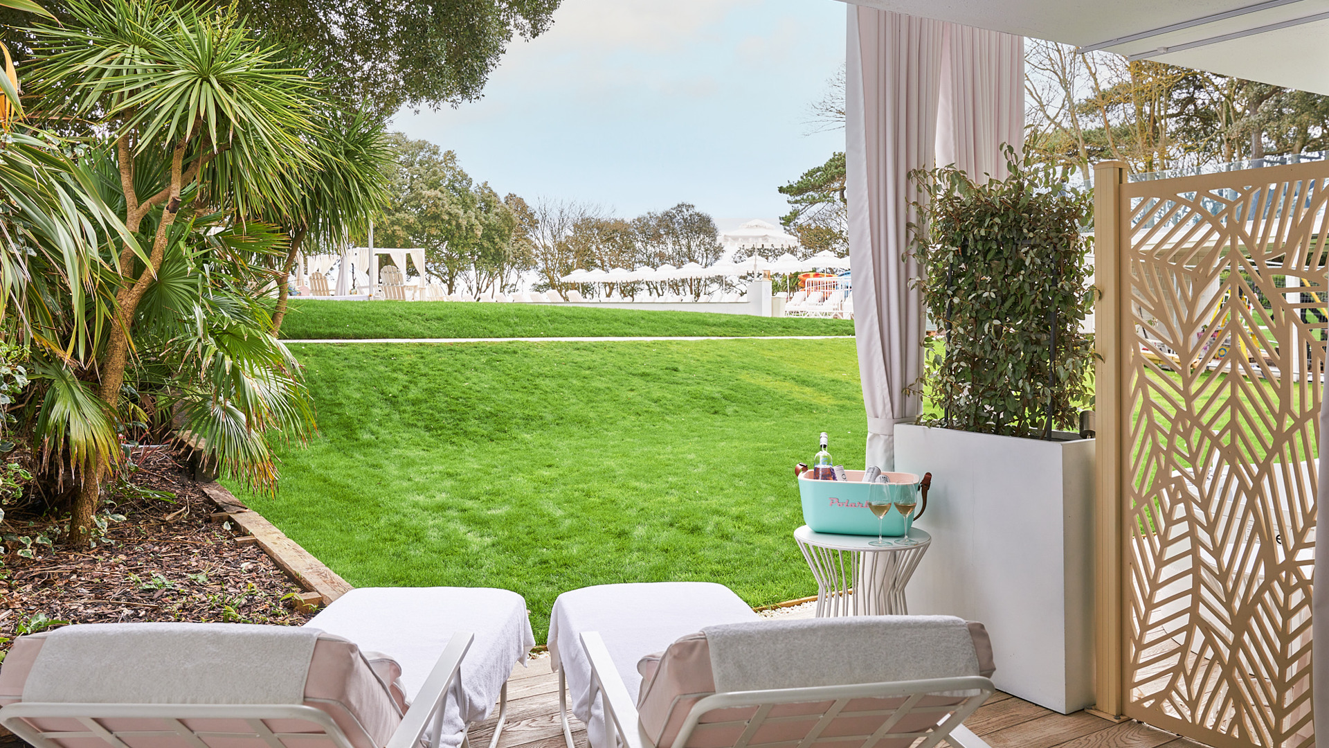 View of hotel lawn from garden suite.